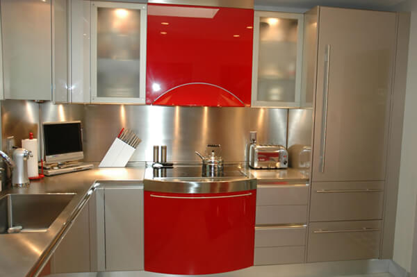 Metal and red  kitchen remodel